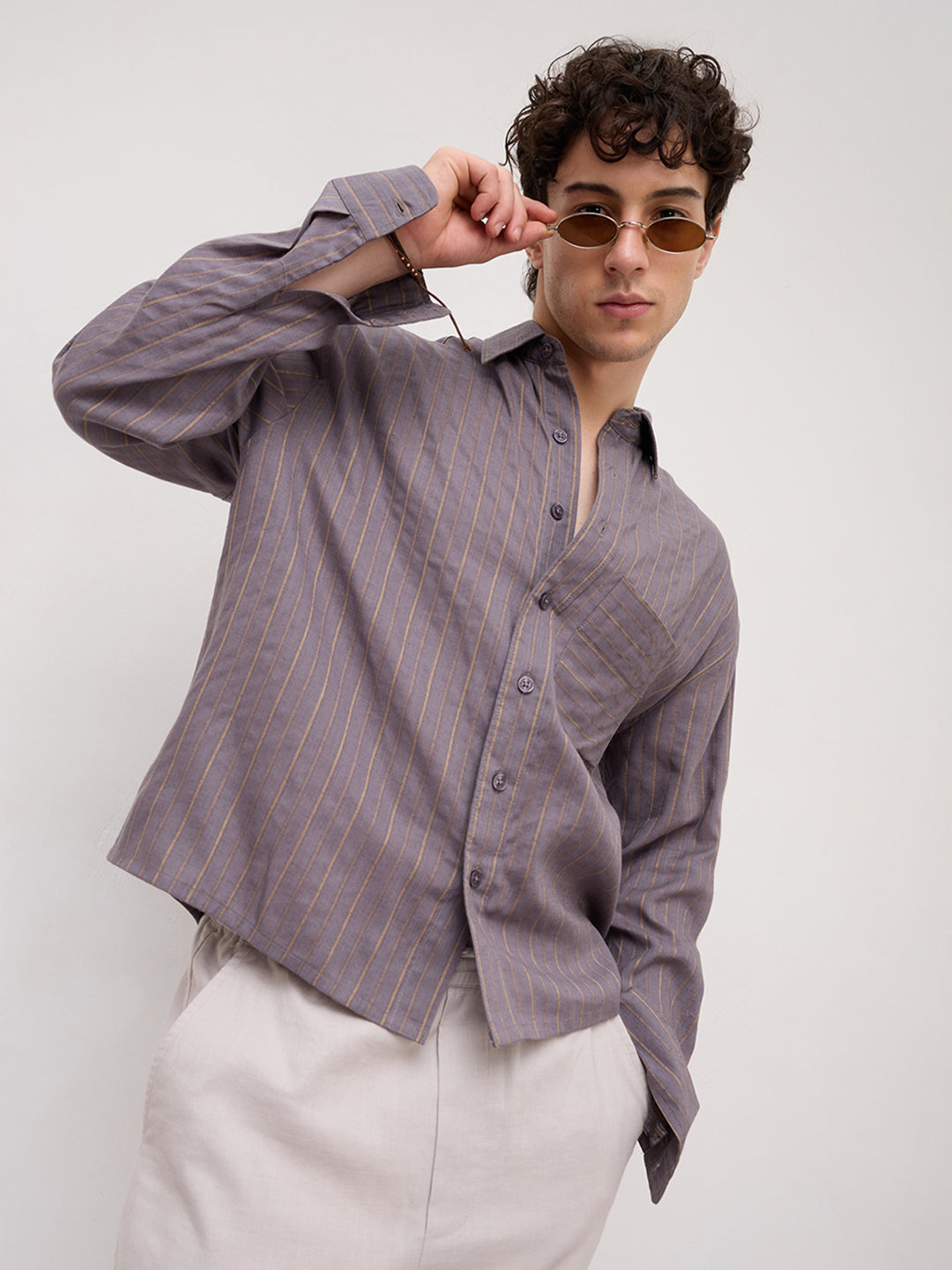 Luxe Purple & Gold Striped Linen Blend Boxy Fit Crop Shirt