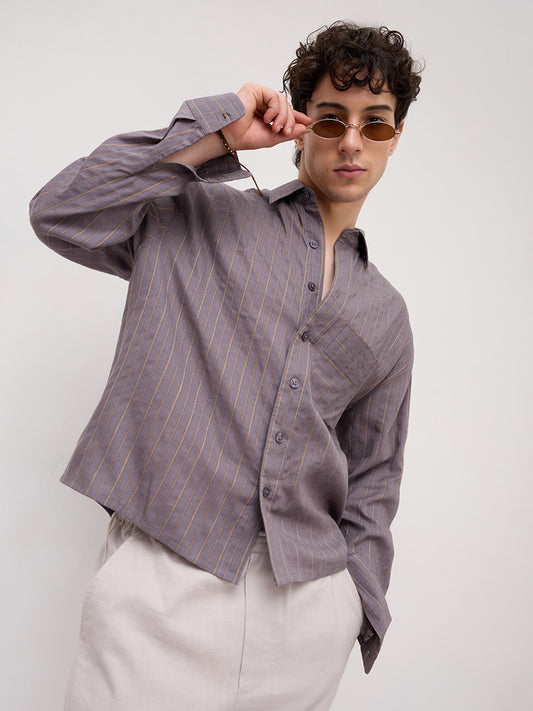 Luxe Purple & Gold Striped Linen Blend Boxy Fit Crop Shirt