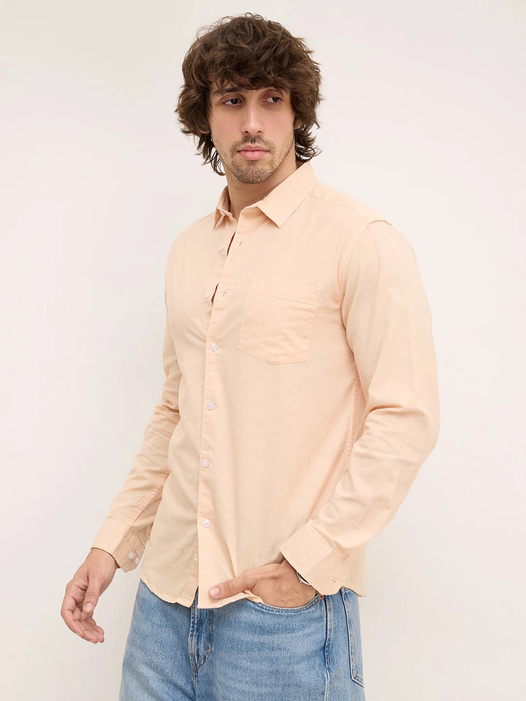 Soft Peachy Beige Slub Textured Shirt