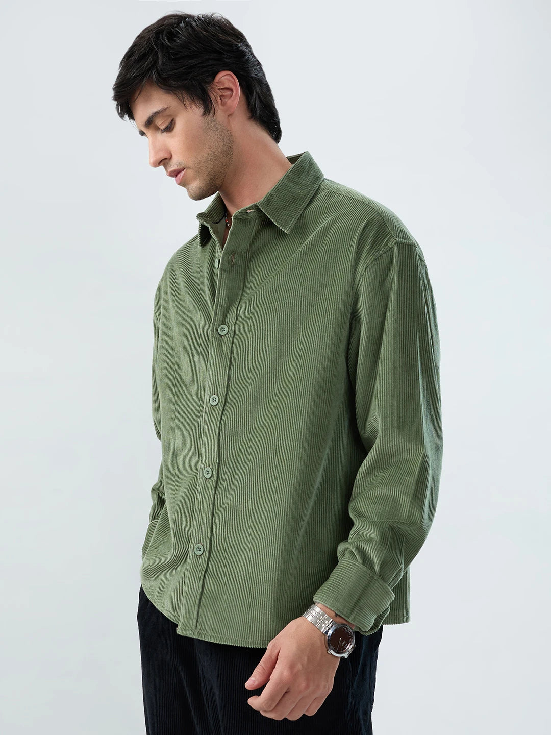 Pickle Green Corduroy Boxy Fit Crop Shirt