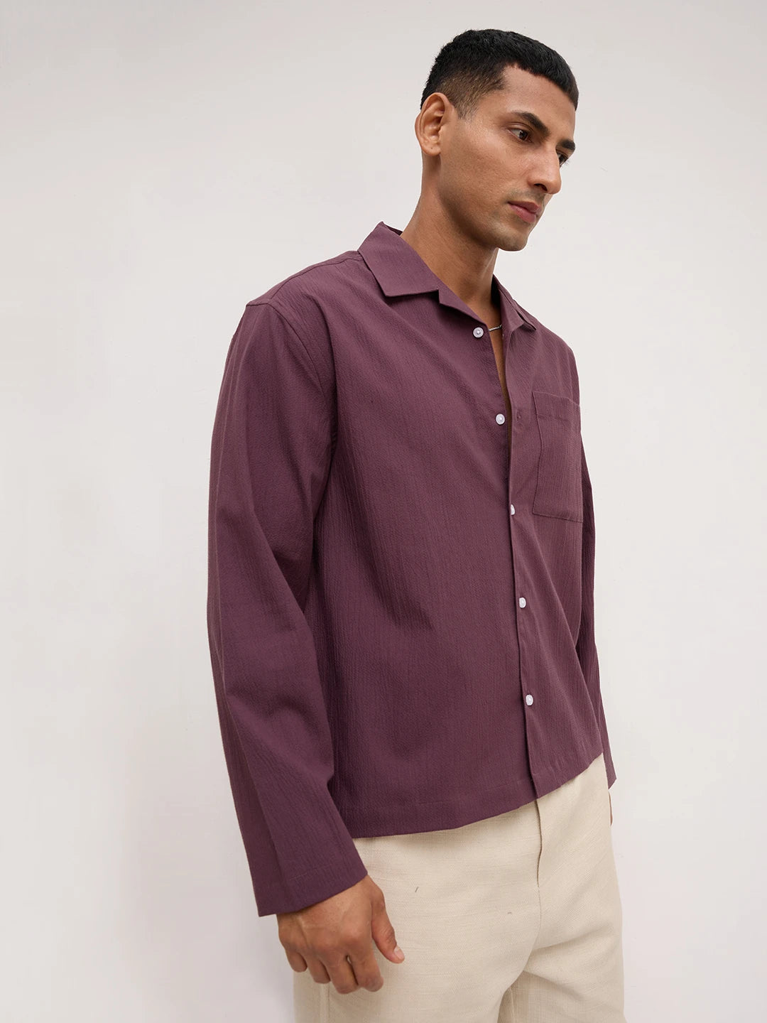 Purple Fine Textured Oversized Notch Collar Shirt