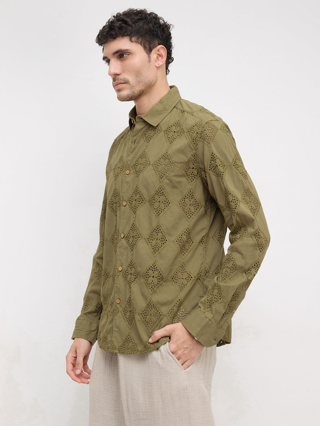 Olive Lozenge Schiffli Shirt