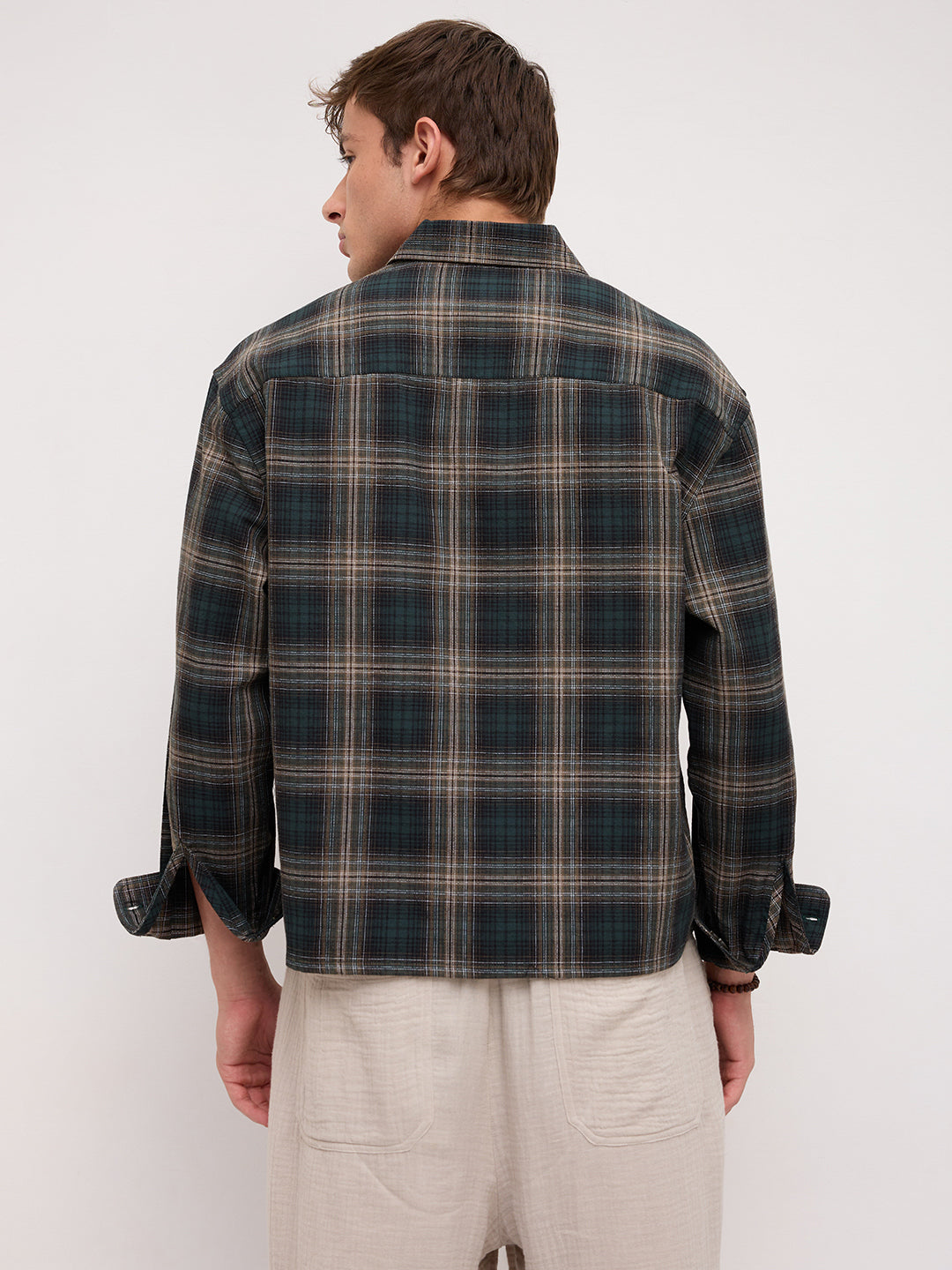 Forest Black Multi Line Plaid Checks Boxy Fit Crop Shirt