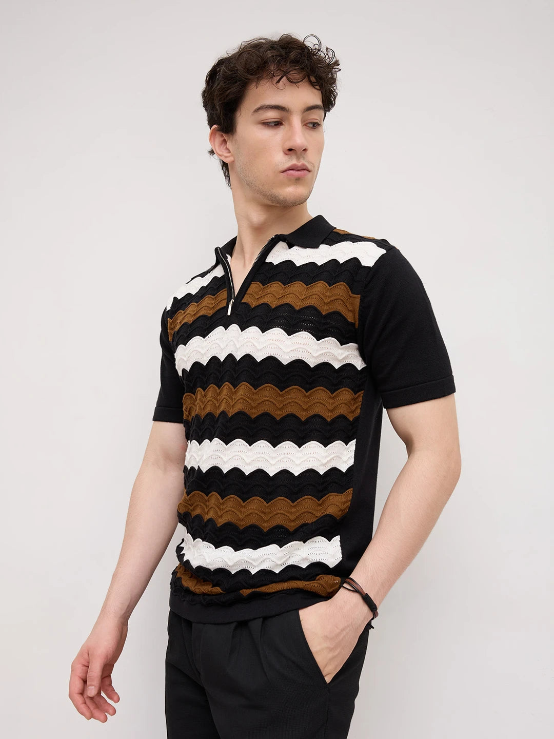 Brown & White Scallop Zip Weave Flat Knit Polo T-Shirt