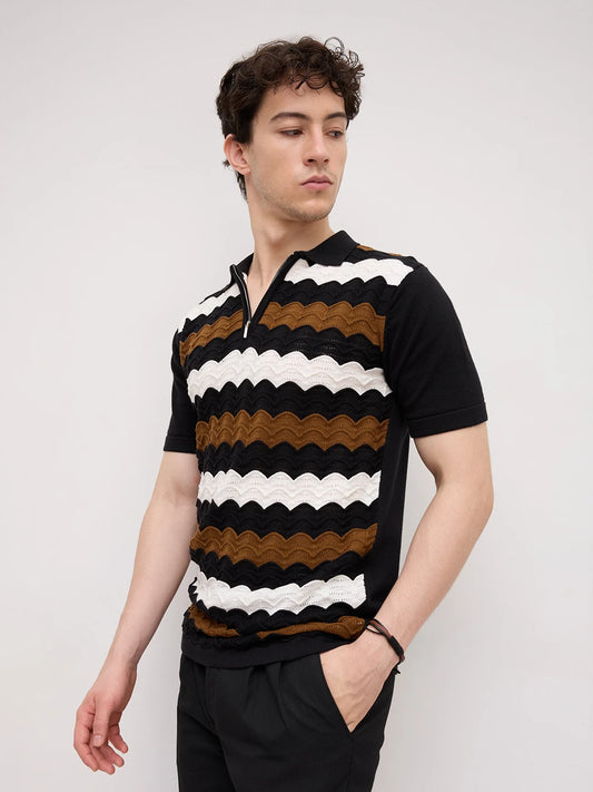 Brown & White Scallop Zip Weave Flat Knit Polo T-Shirt