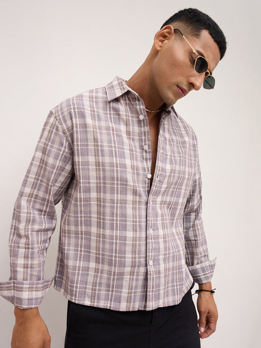 Ivory & Maroon Dual Line Checks Boxy Fit Crop Shirt