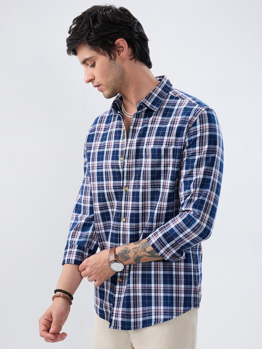 Denim White & Navy Herringbone Plaid Checks Shirt