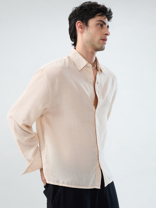 Pearl Cream Soft Sheer Slub Textured Shirt