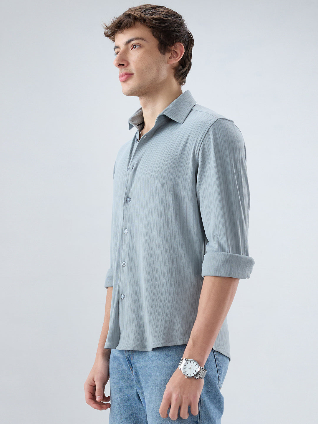 Classic Grey Fine Vertical Ribbed Knitted Shirt