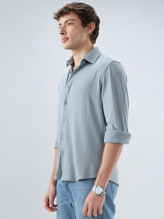 Classic Grey Fine Vertical Ribbed Knitted Shirt