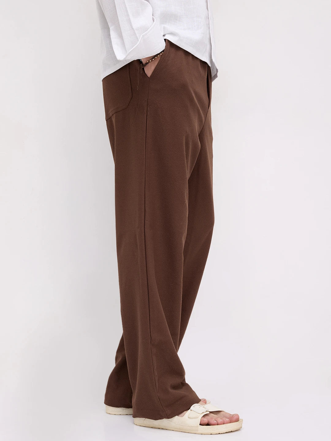 Chocolate Brown Diagonal Textured Knitted Straight Leg Trousers