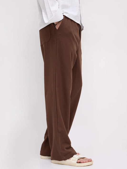 Chocolate Brown Diagonal Textured Knitted Straight Leg Trousers
