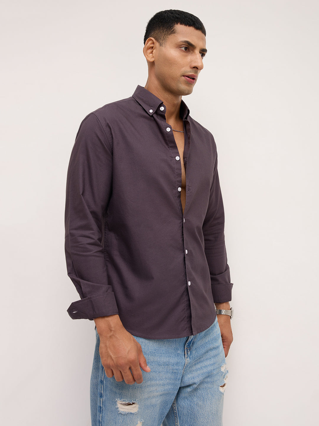 Elegant Pruple Button-Down Collar Oxford Shirt