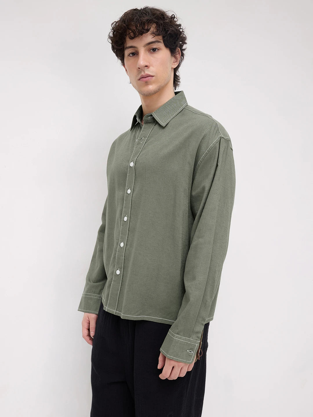 Luxe Olive Canvas Linen Blend Boxy Fit Crop Shirt