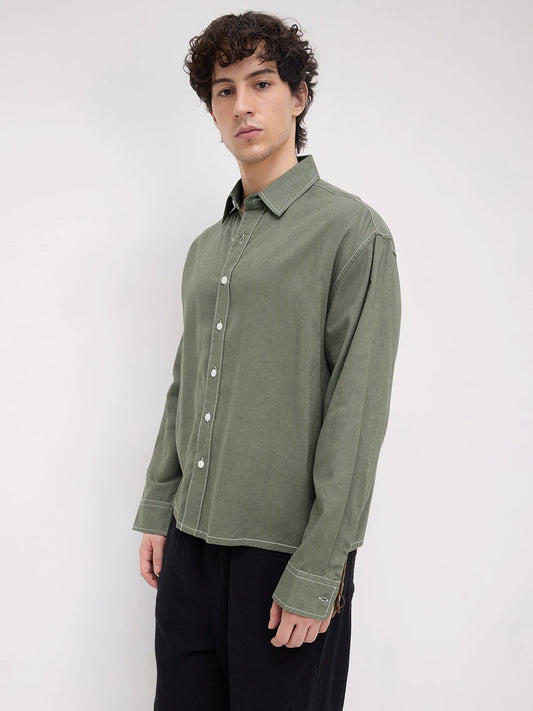 Luxe Olive Canvas Linen Blend Boxy Fit Crop Shirt
