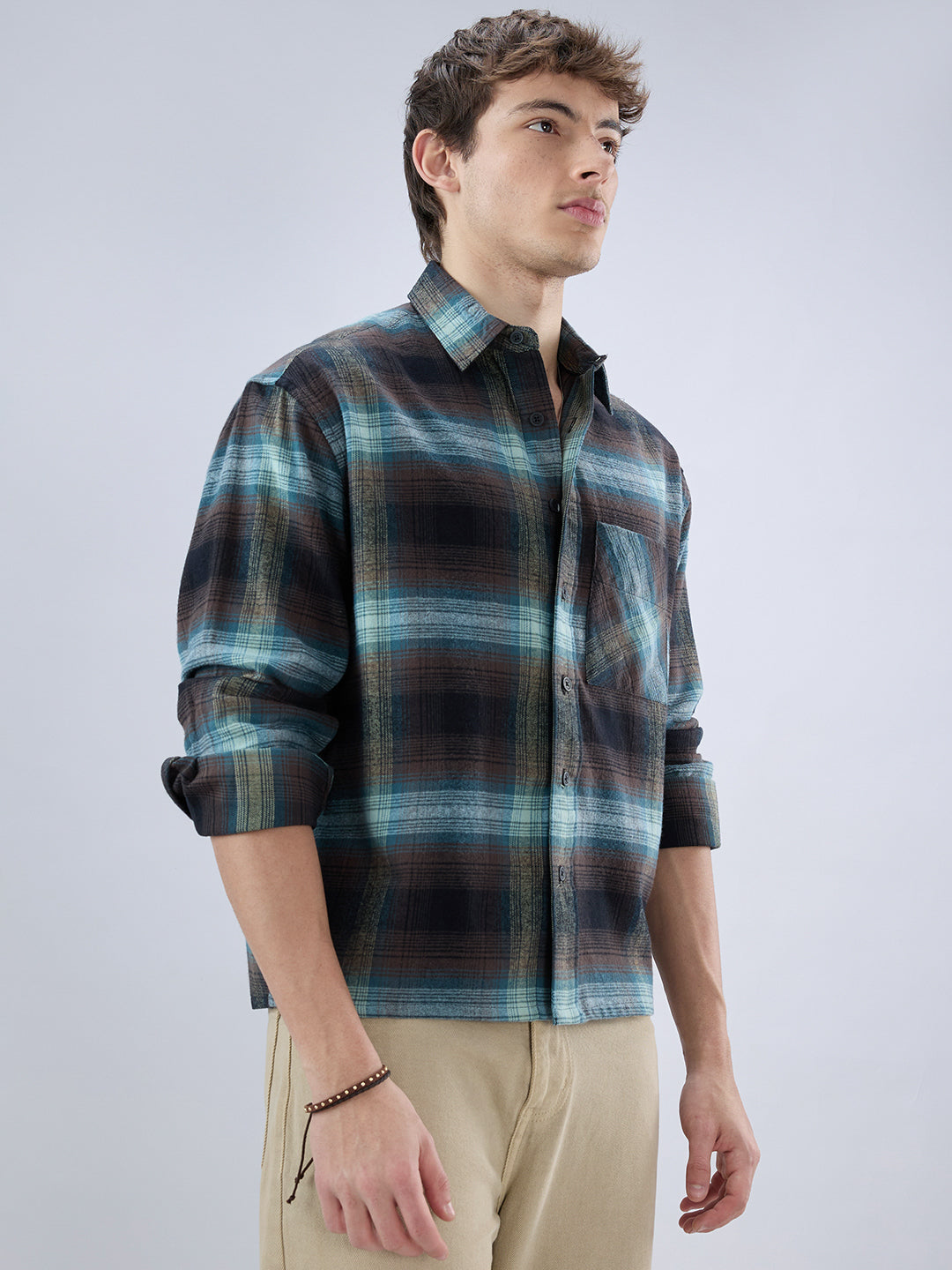 Multicolor Plaid Checked Boxy Fit Crop Flannel Shirt