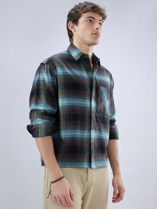 Multicolor Plaid Checked Boxy Fit Crop Flannel Shirt