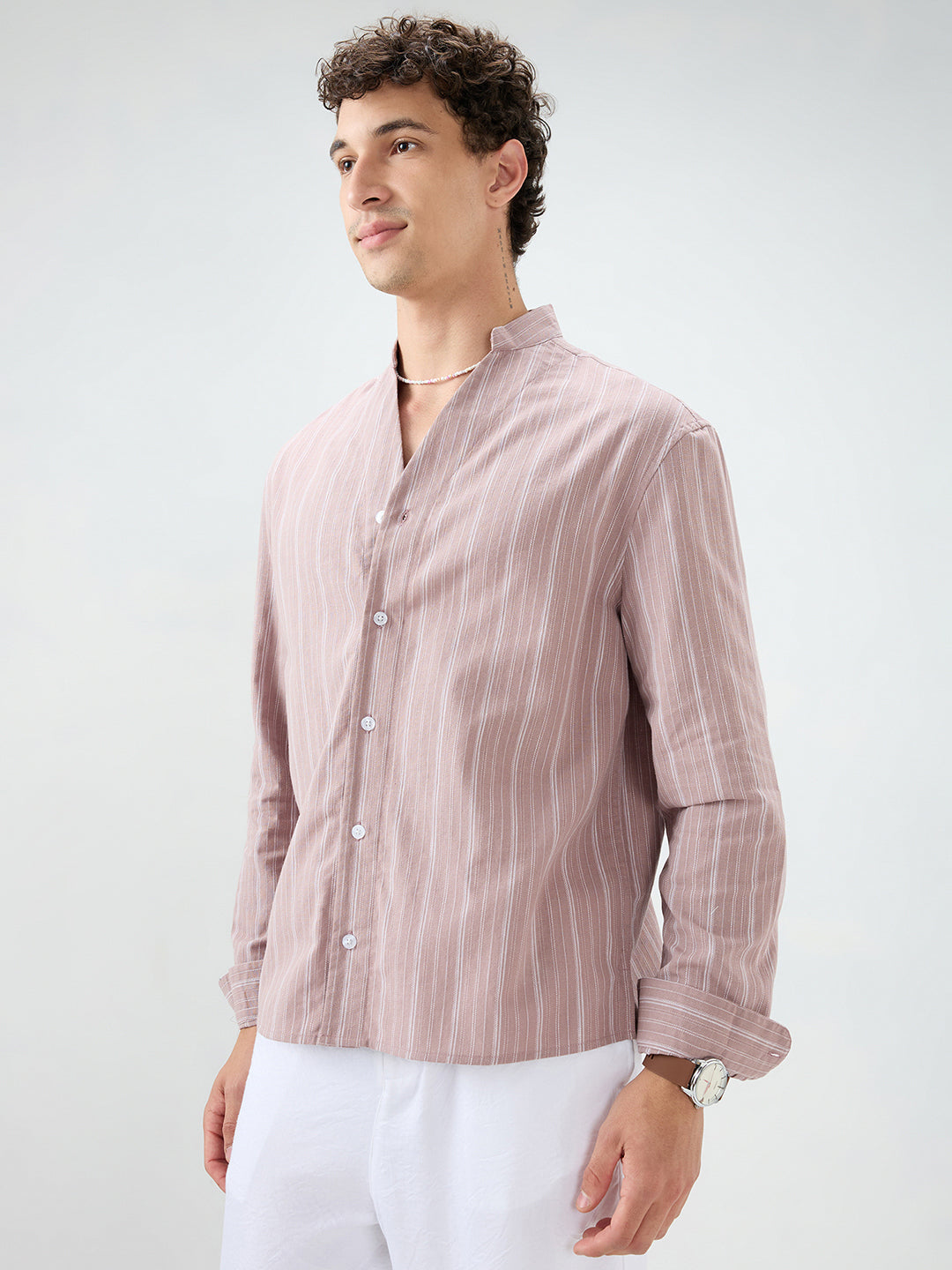 Deep Pastel Peach Striped Linen Blend Stand Collar Oversized Shirt