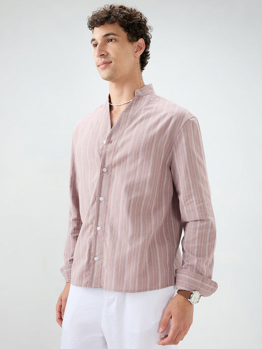 Deep Pastel Peach Striped Linen Blend Stand Collar Oversized Shirt