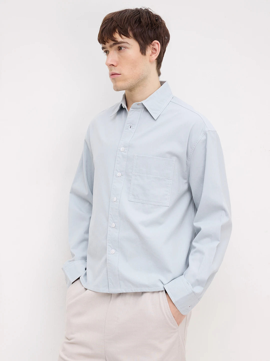 Luxe Baby Blue Boxy Fit Crop Cord Shirt