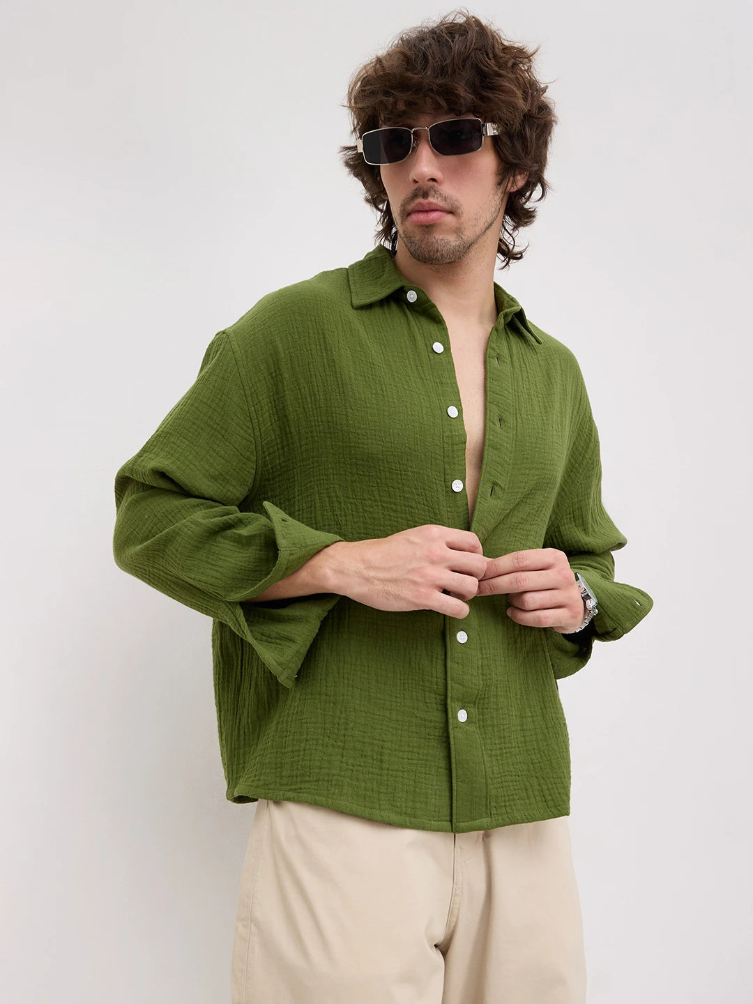 Evergreen Double Cloth Boxy Fit Crop Shirt