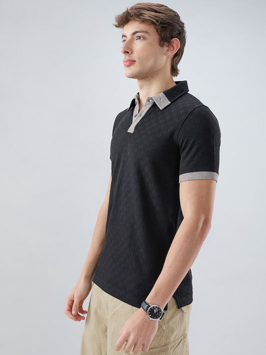 Rich Black Textured Contrast Polo Neck Knit T-shirt