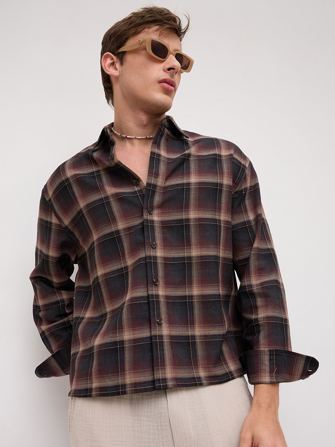 Espresso Ombre Checks Boxy Fit Crop Shirt