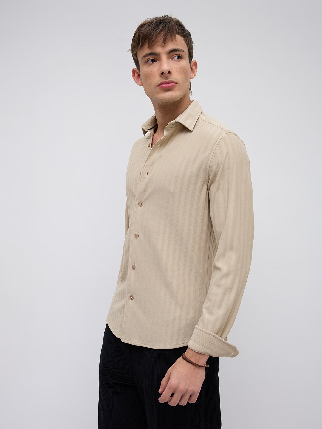 Sandstone Linear Rised Striped Textured Shirt