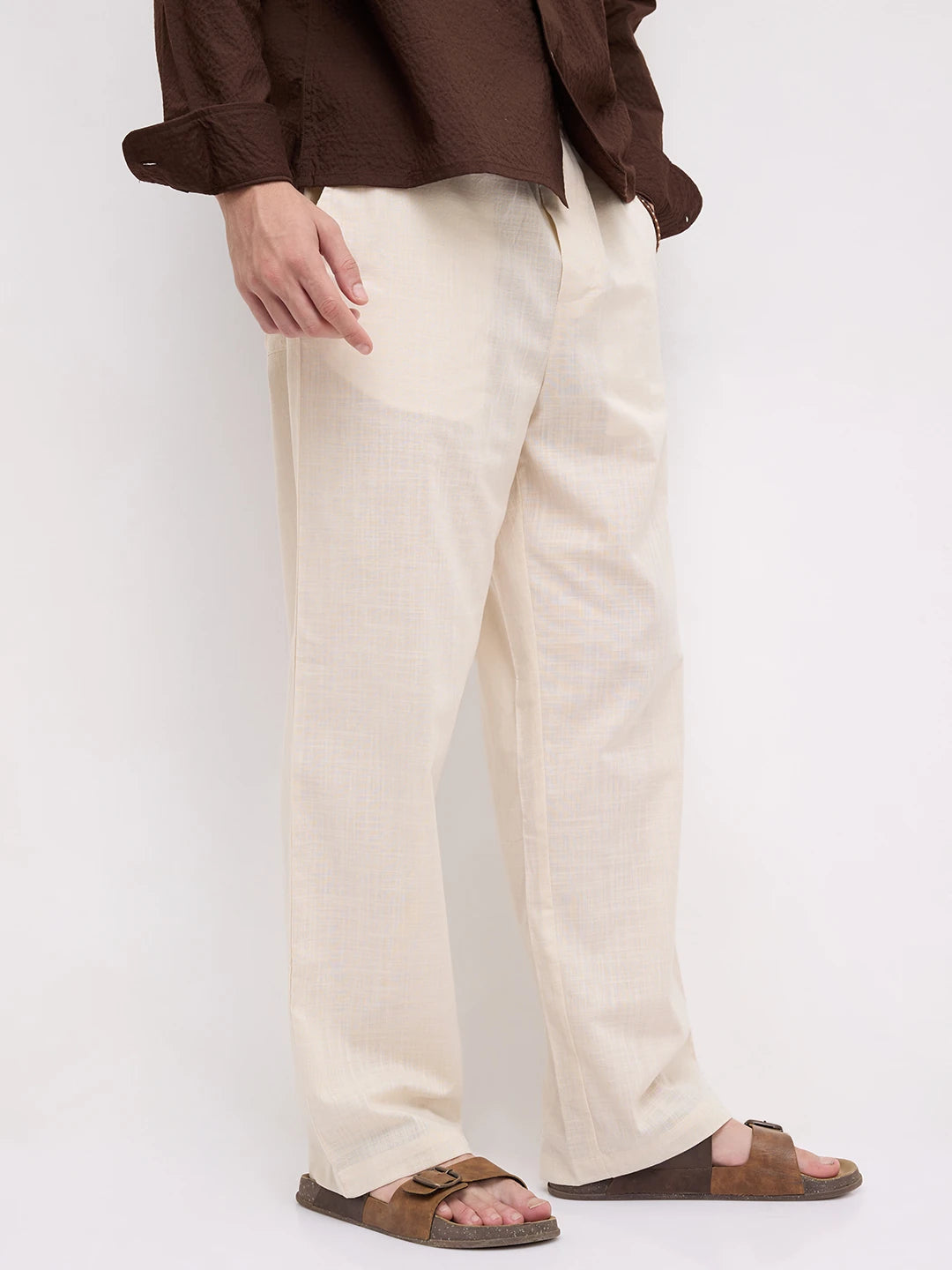 Bisque Beige Sheer Slub Textured Straight Fit Trousers