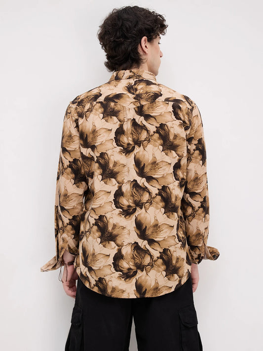Rustic Beige Botanical Printed Double Pocket Corduroy Shirt