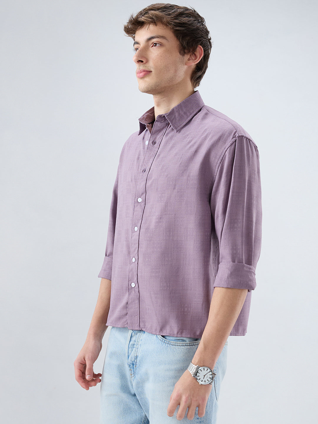 Heather Purple Soft Grid Textured Boxy Fit Crop Shirt