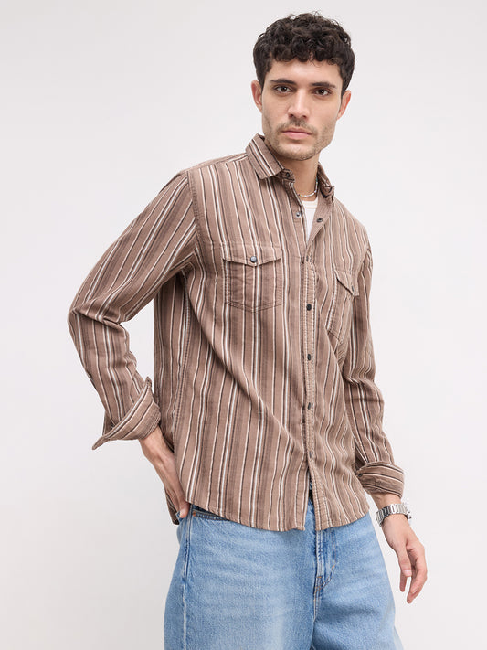 Rustic Bark Brown Multi-Stripe Twin Pocket Corduroy Shirt
