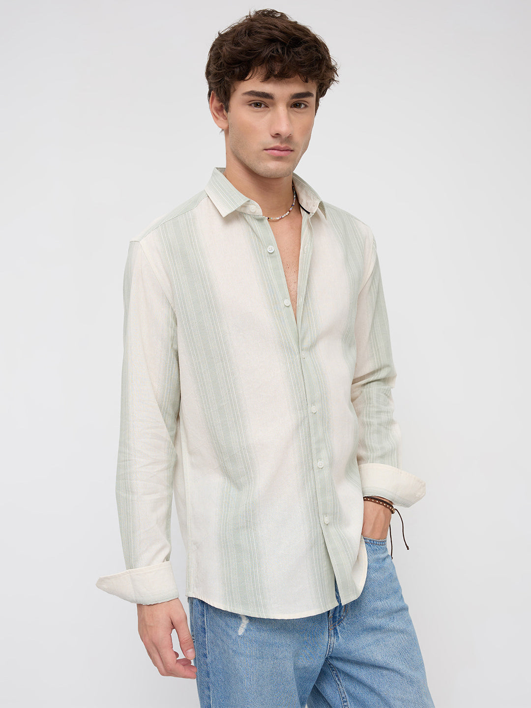 Luxe Sage Green Refined Striped Linen Blend Shirt