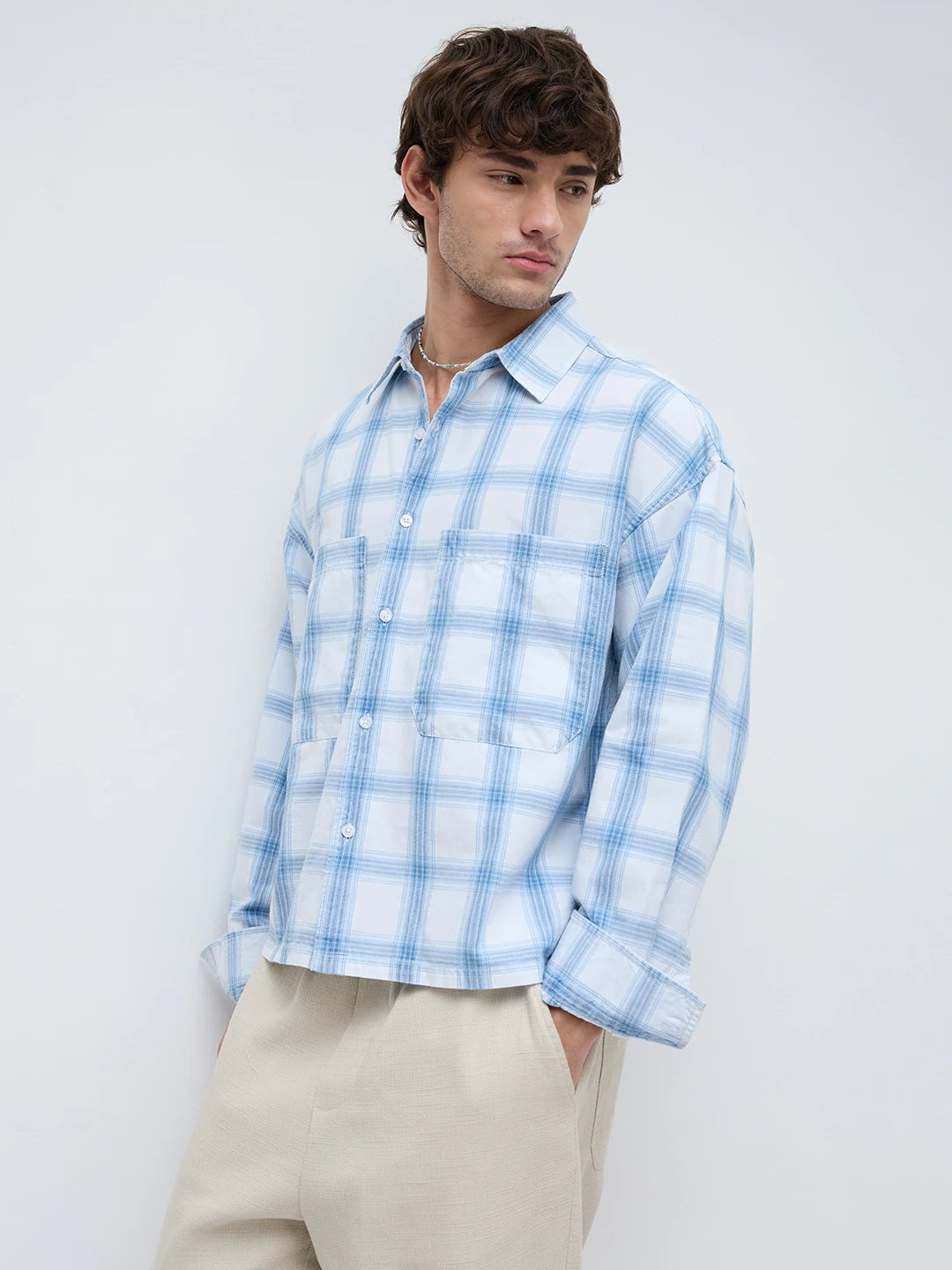 Timeless Denim Plaid Checks Twin Pocket Oversized Crop Shirt