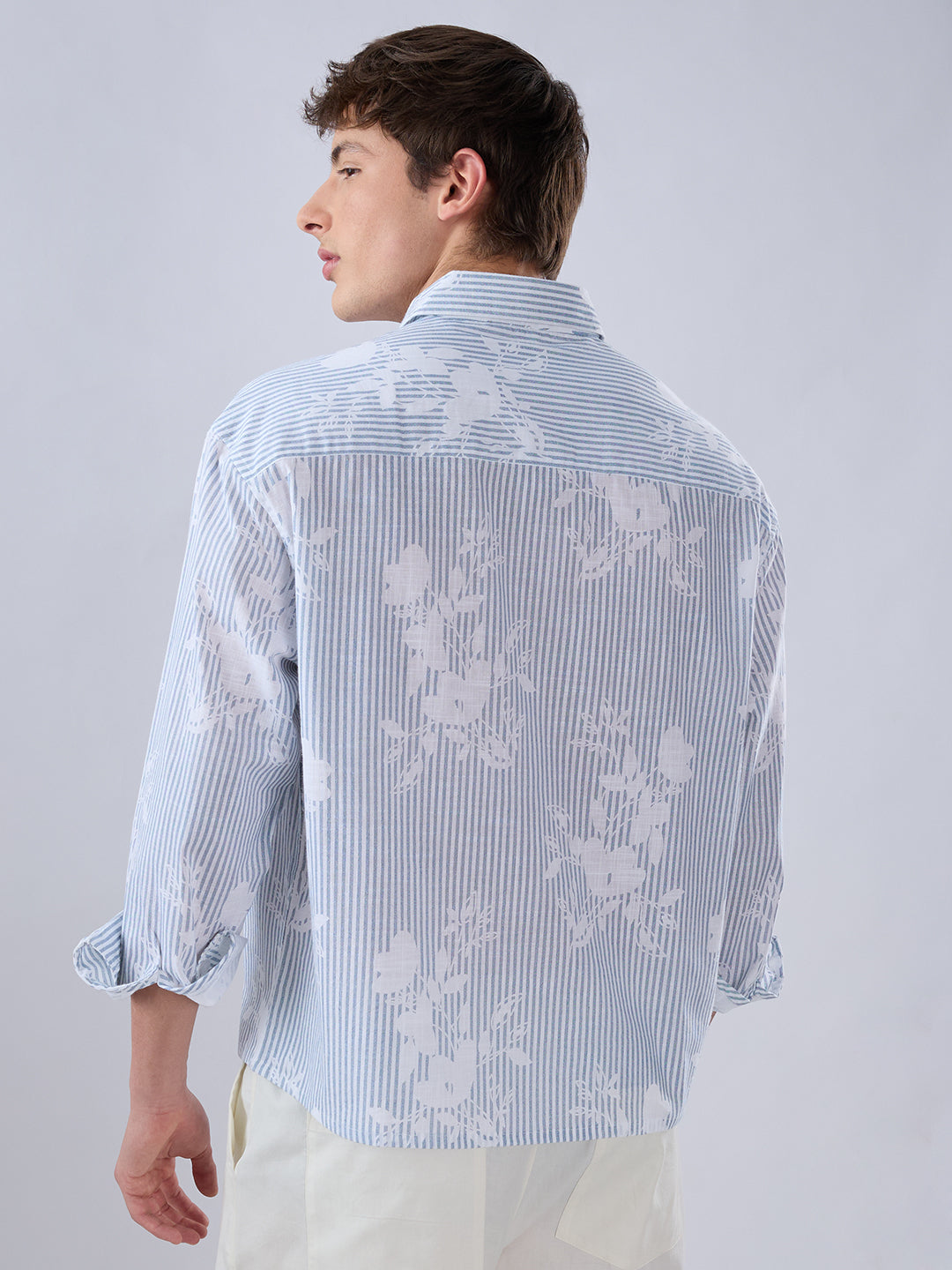 Blue & White Contemporary Floral Boxy Fit Crop Shirt