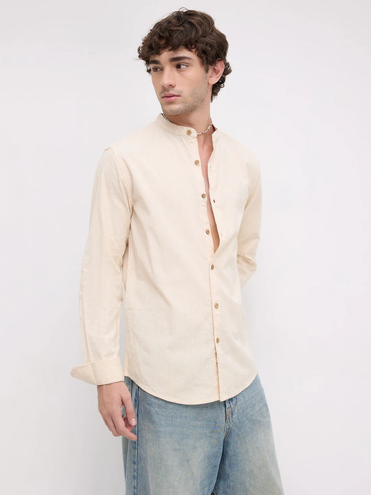 Bisque Beige Seersucker Striped Mandarin Shirt