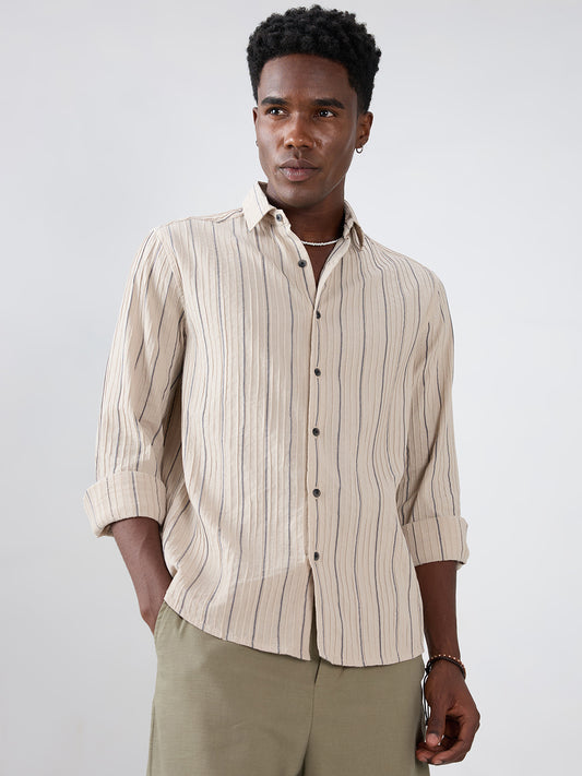 Intricate Beige & Navy Raised Striped Shirt