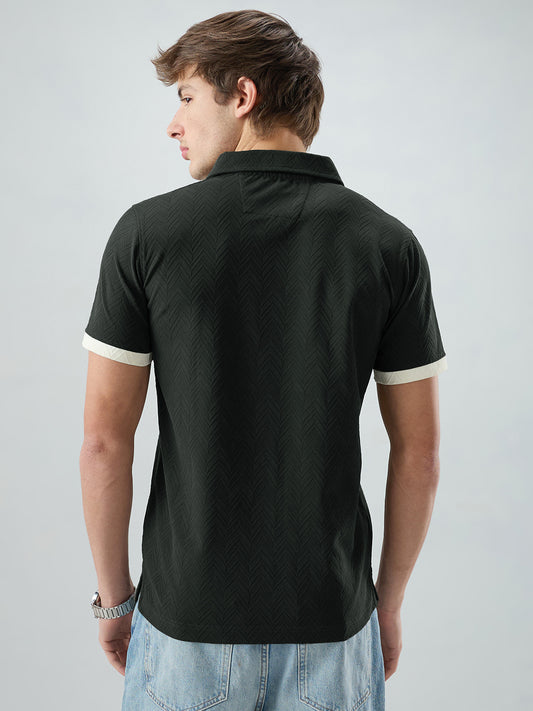 Olive Chevron Contrast Polo Neck Knit T-shirt