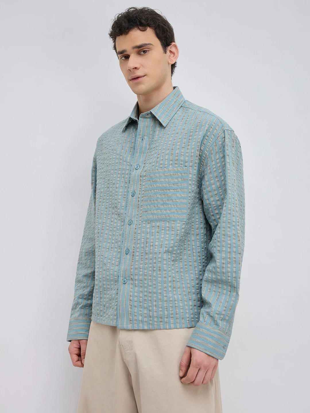 Sea Green Seersucker Candy Striped Boxy Fit Crop Shirt