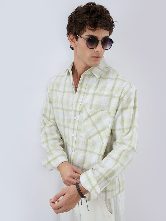 Premium Spring Green Fine Weave Linen Blend Boxy Fit Crop Shirt