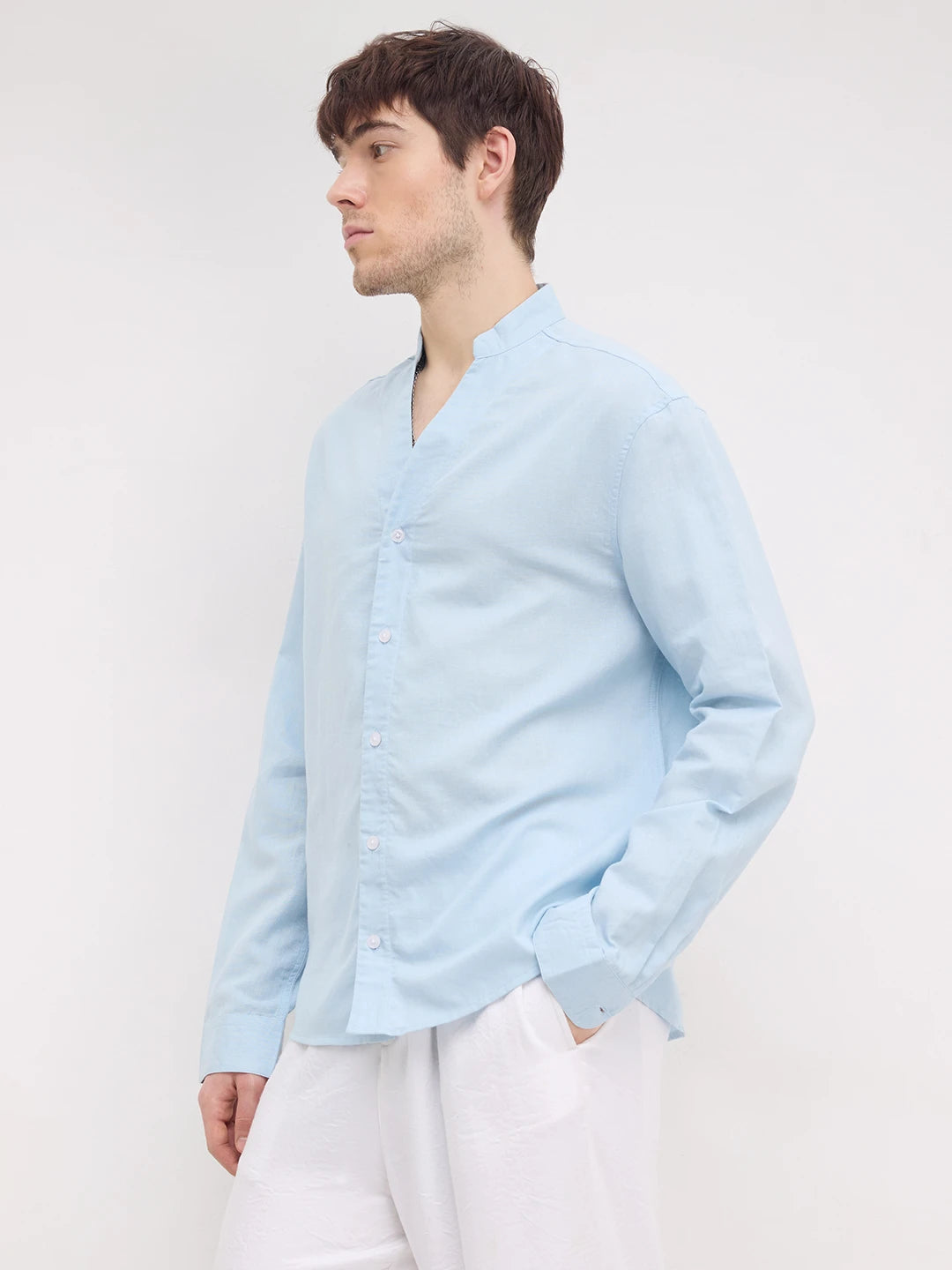 Rich Moring Blues Linen Blend Stand Collar Oversized Shirt