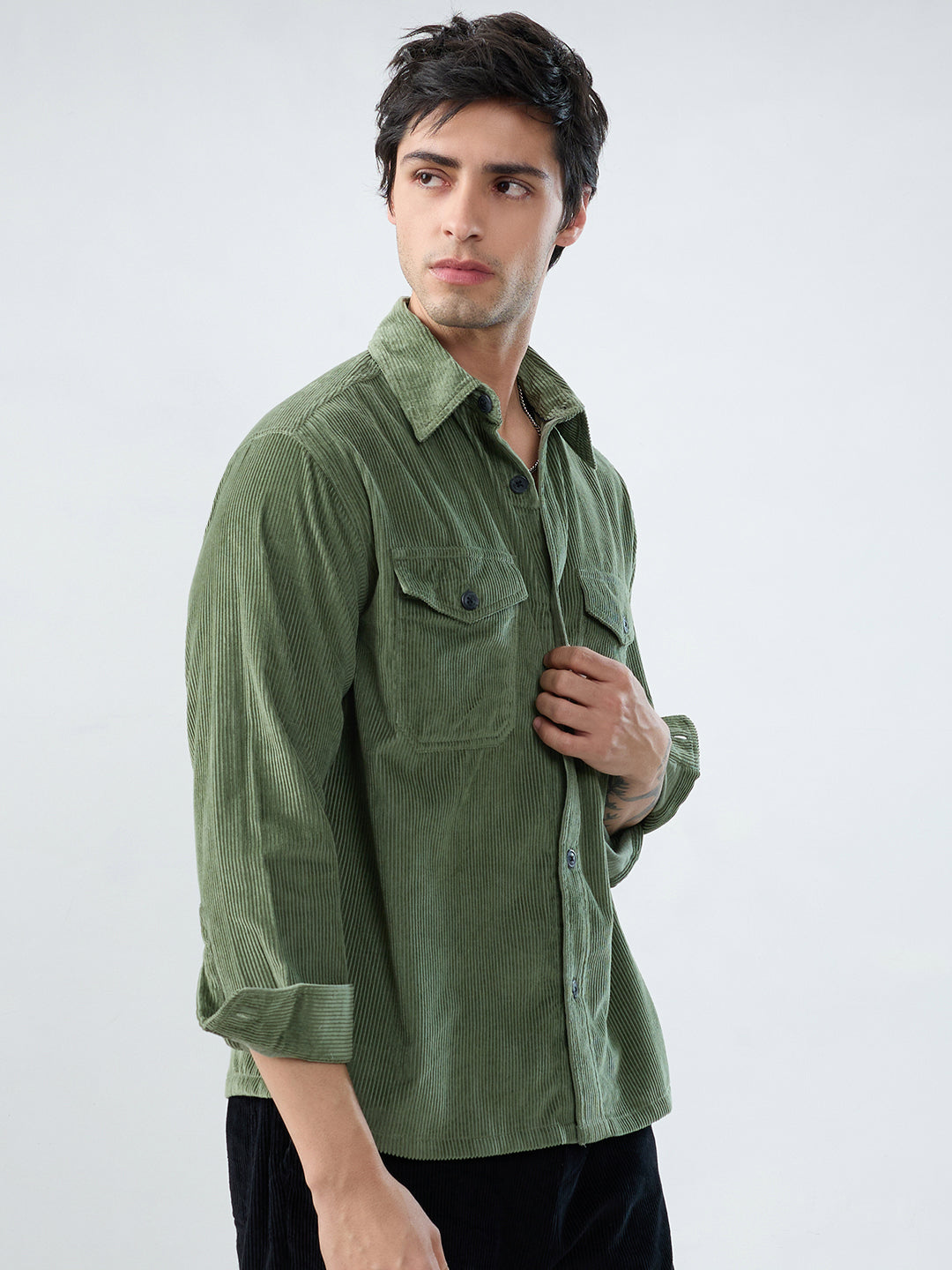 Green Mossline Structured Corduroy Double Pocket Overshirt