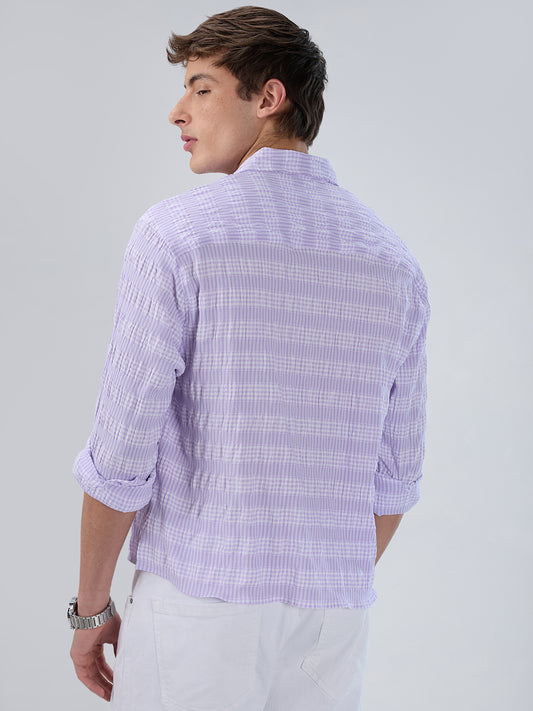 Purple Seersucker Gingham Checks Boxy Fit Crop Shirt