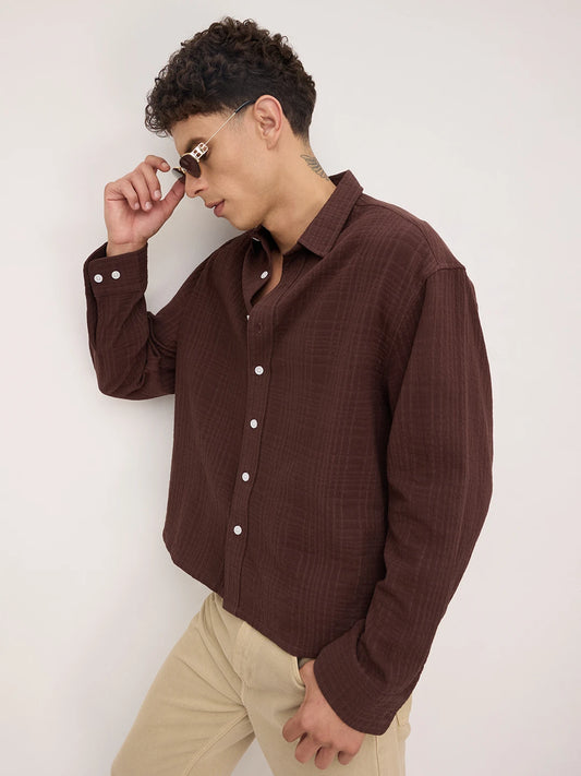 Brunette Brown Double Cloth Gauze Textured Boxy Fit Crop Shirt
