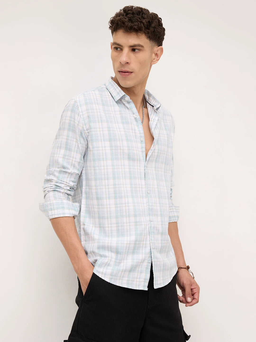 Washed Sage Green Fine Line Grid Checks Shirt