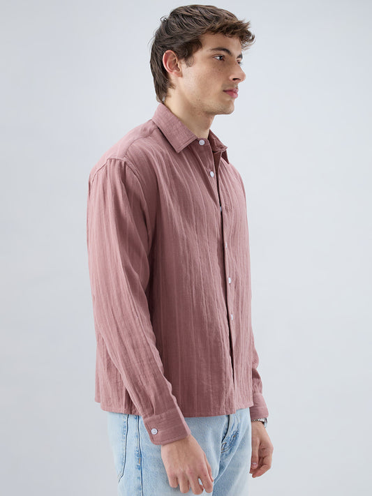 Dusty Peach Double Cloth Seersucker Striped Boxy Fit Crop Shirt
