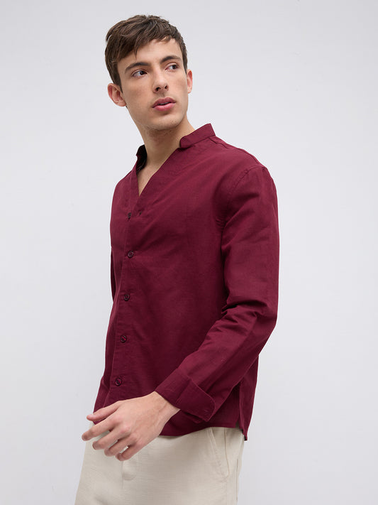 Deep Maroon Linen Blend Stand Collar Oversized Shirt