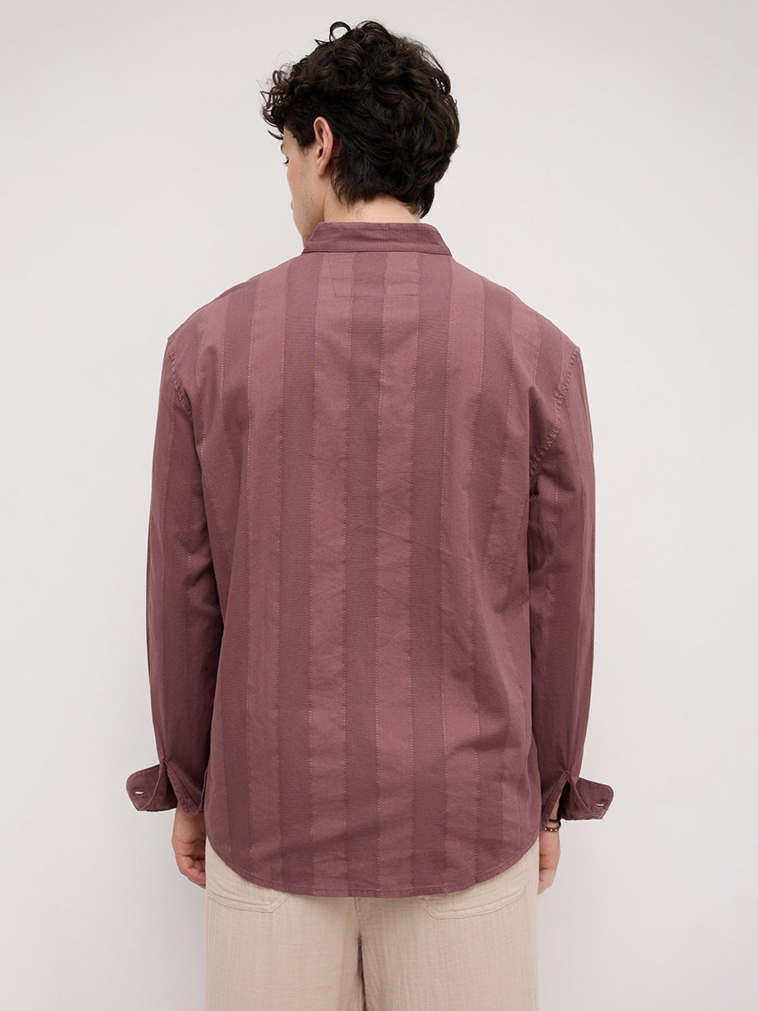 Deep Mauve Panel Textured Stand Collar Oversized Shirt