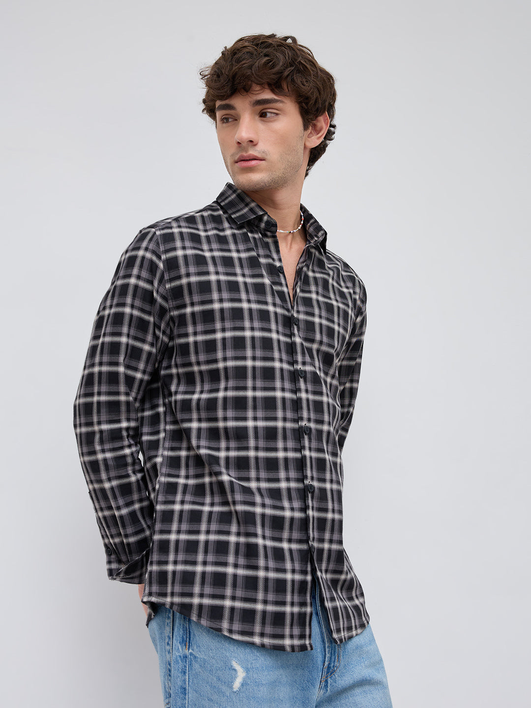 Black & Grey Tartan Checked Relaxed Shirt