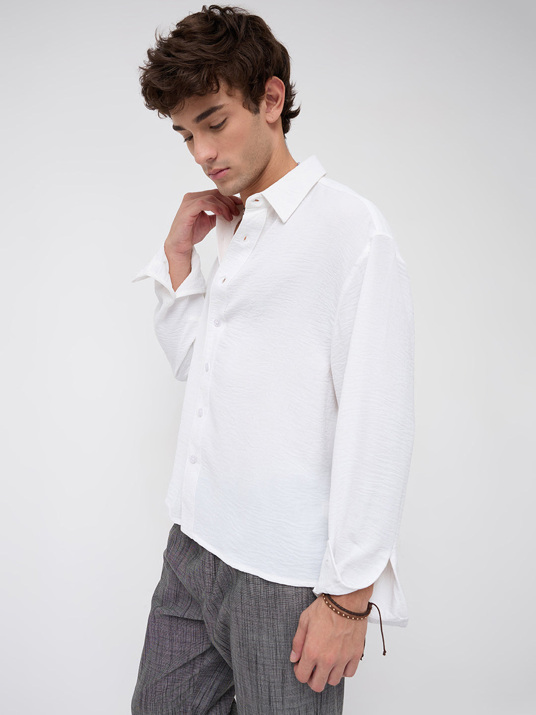 Snow White Crinkled Boxy Fit Crop Shirt